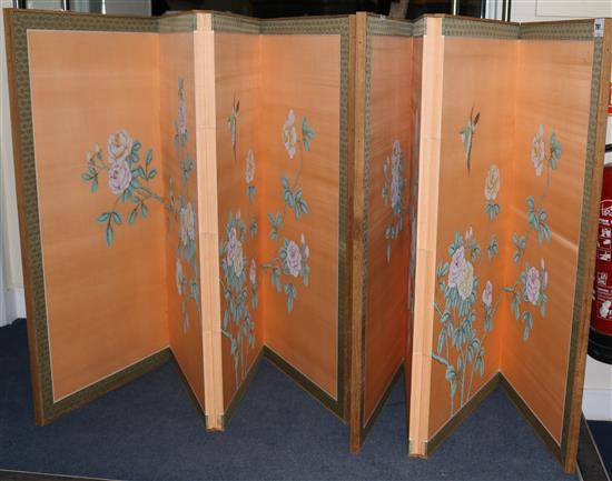 A pair of Chinese four fold screens, painted with peonies H.88cm